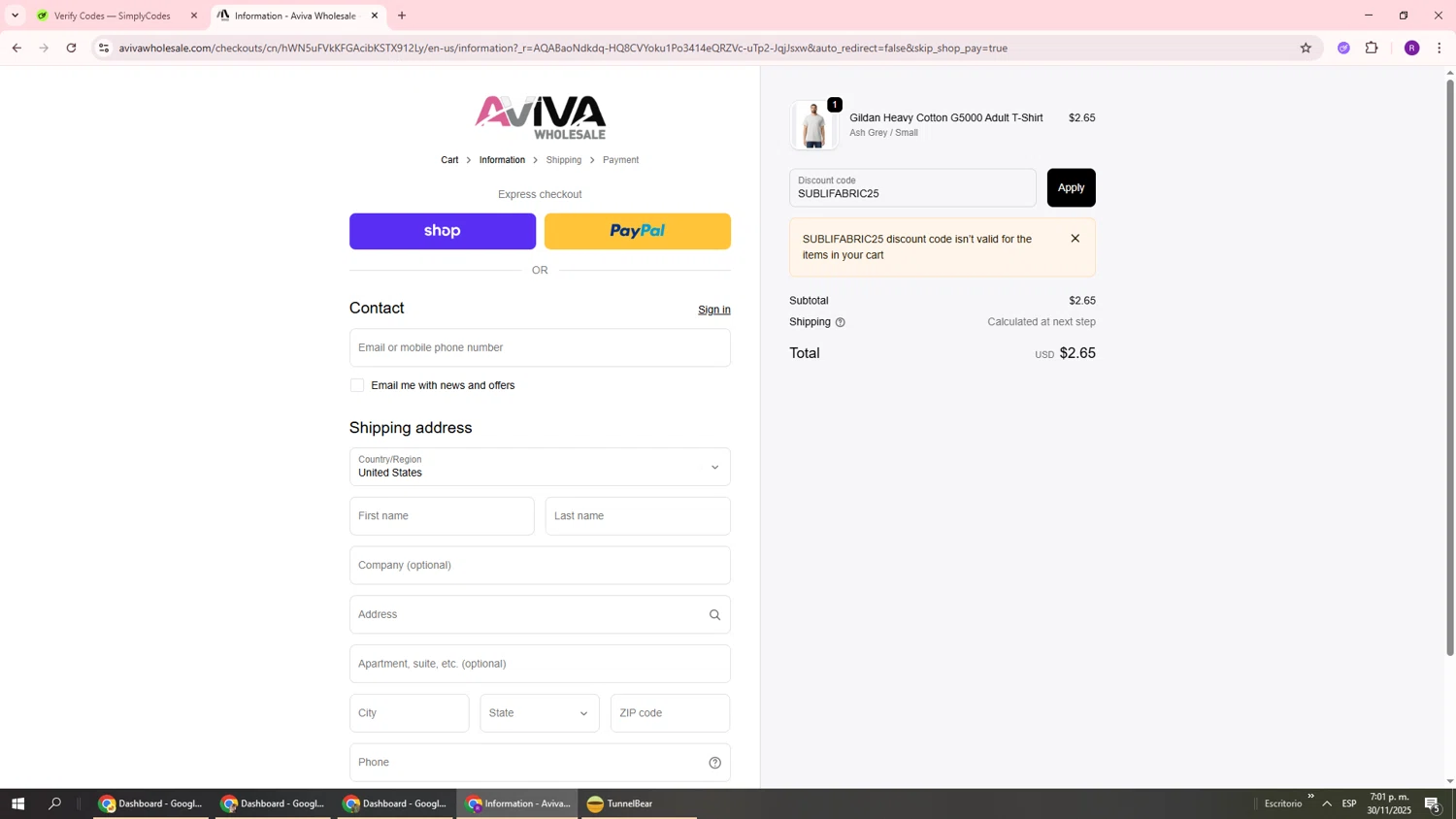 Aviva Wholesale discount code screenshot showing code SUBLIFABRIC25 applied at Aviva Wholesale checkout page. Uploaded by SimplyCodes community member ukemochi on Nov 30, 2025