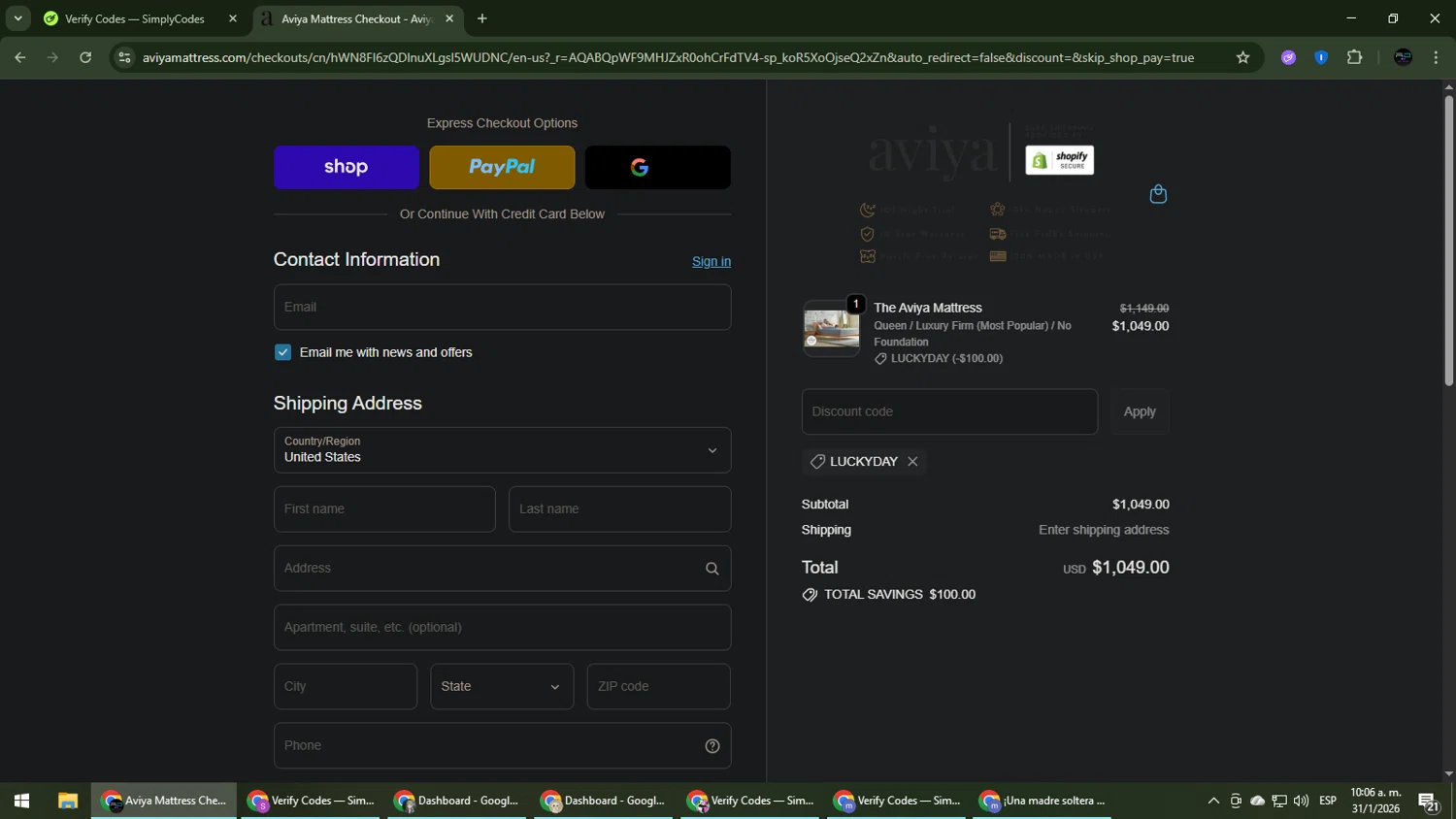 Aviya Mattress promo code screenshot showing code LUCKYDAY applied at Aviya Mattress checkout page. Uploaded by SimplyCodes community member CarmenVGR on Jan 31, 2026