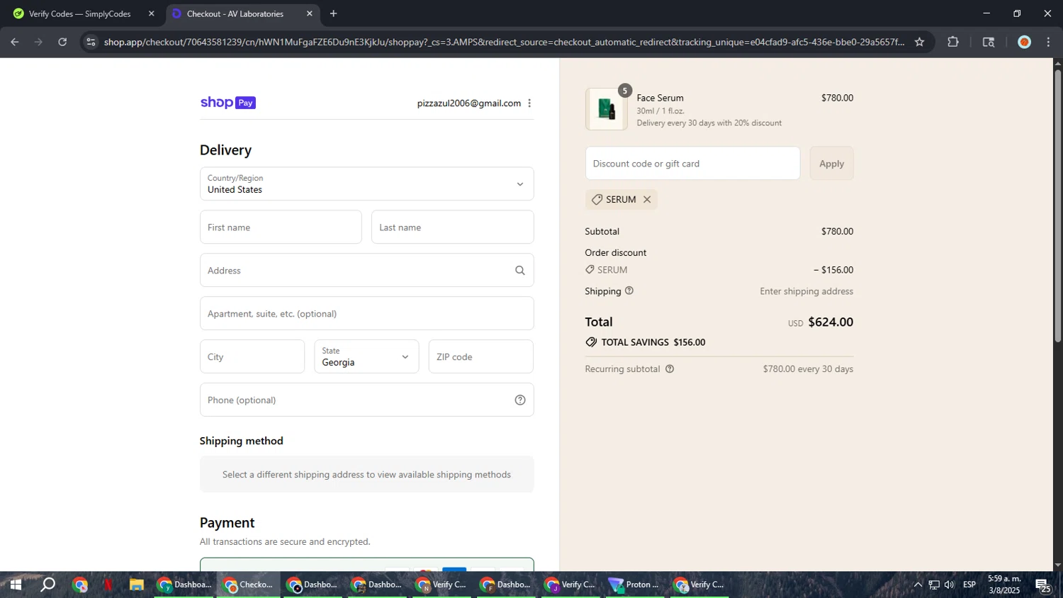 AV Laboratories promo code screenshot showing code SERUM applied at AV Laboratories checkout page. Uploaded by SimplyCodes community member BonusCaptain9927 on Aug 3, 2025