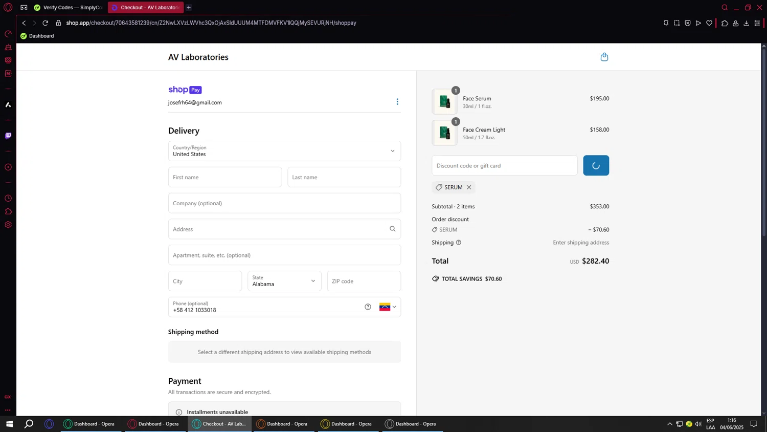 AV Laboratories promo code screenshot showing code SERUM applied at AV Laboratories checkout page. Uploaded by SimplyCodes community member SwiftVoyager5067 on Jun 3, 2025