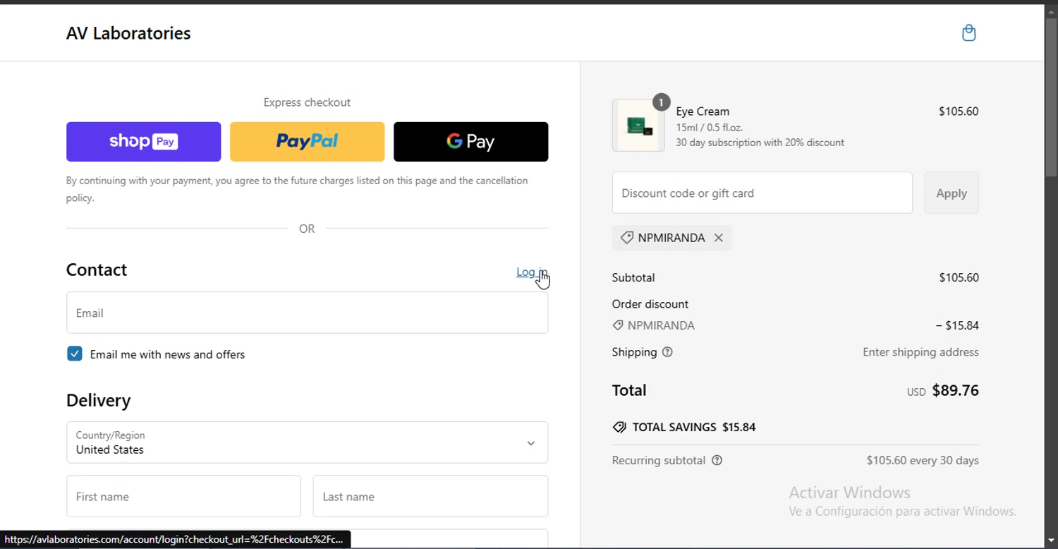 AV Laboratories promo code screenshot showing code NPMIRANDA applied at AV Laboratories checkout page. Uploaded by SimplyCodes community member Jsjsjsjsjsjsjs on Feb 22, 2025