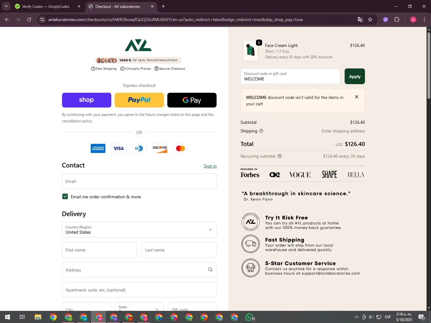 AV Laboratories promo code screenshot showing code WELCOME applied at AV Laboratories checkout page. Uploaded by SimplyCodes community member CrownHawk3462 on Oct 5, 2025