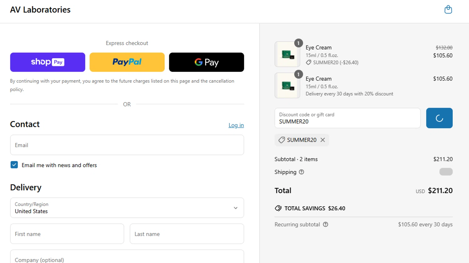 AV Laboratories promo code screenshot showing code SUMMER20 applied at AV Laboratories checkout page. Uploaded by SimplyCodes community member salemigajera on May 22, 2025