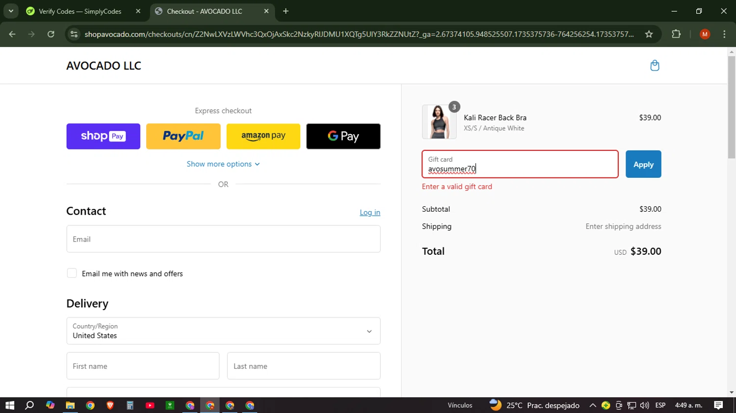 Avocado discount code screenshot showing code avosummer70 applied at Avocado checkout page. Uploaded by SimplyCodes community member NobleSentinel6058 on Dec 28, 2024