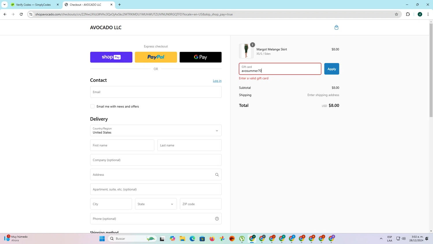 Avocado discount code screenshot showing code avosummer70 applied at Avocado checkout page. Uploaded by SimplyCodes community member darlisiglesias on Dec 28, 2024