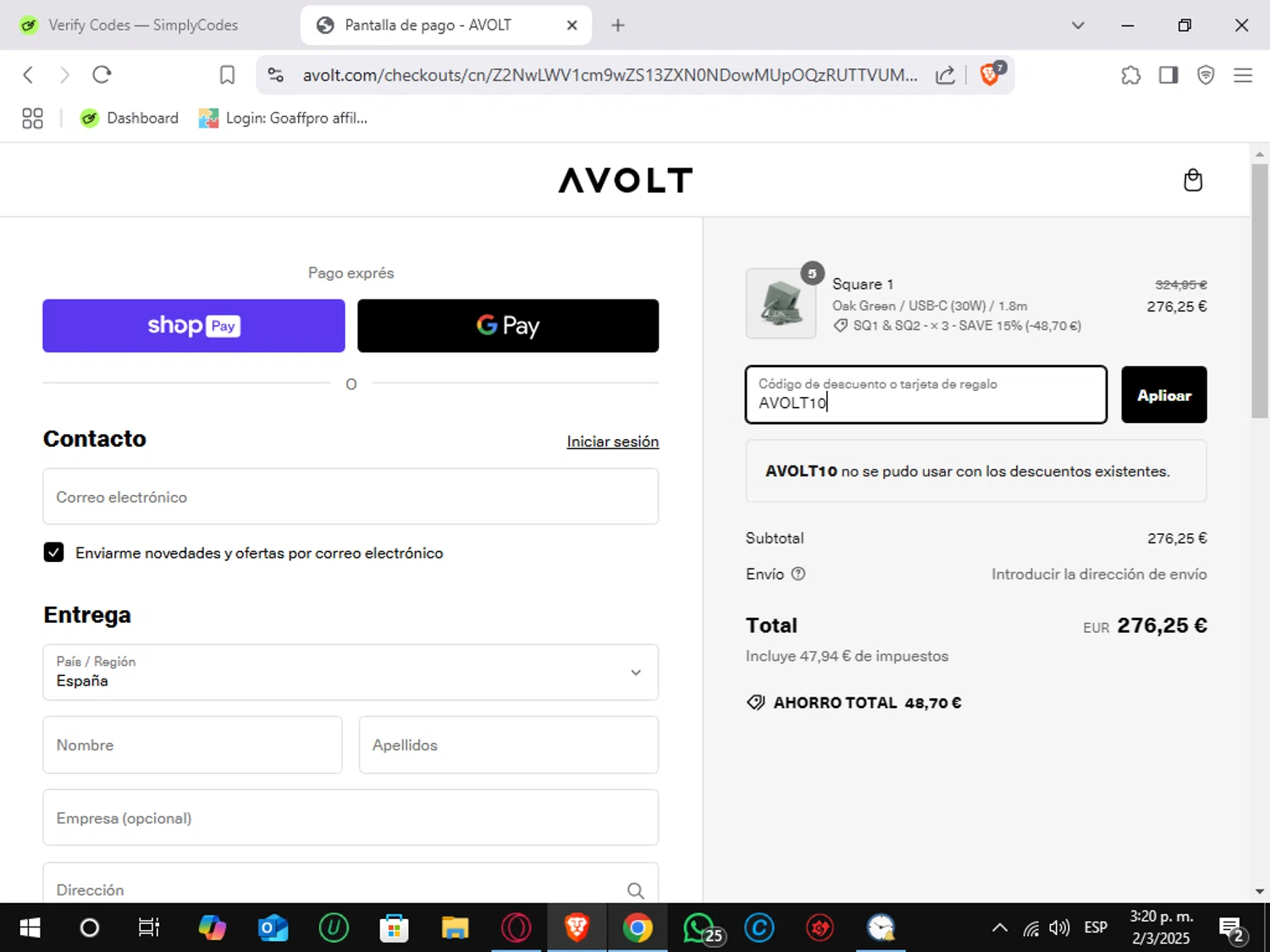 Avolt discount code screenshot showing code AVOLT10 applied at Avolt checkout page. Uploaded by SimplyCodes community member Sungjinwoo on Mar 2, 2025