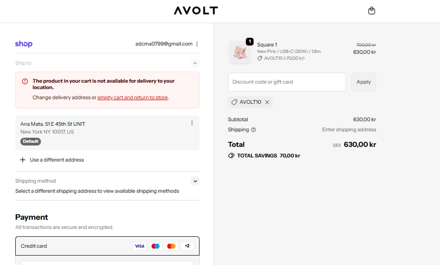 Avolt discount code screenshot showing code AVOLT10 applied at Avolt checkout page. Uploaded by SimplyCodes community member peachee on Oct 29, 2025