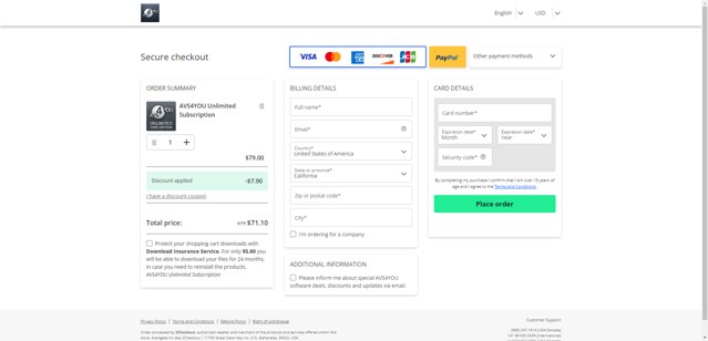 AVS4You checkout page showing AVS4You discount code box | Screenshot taken by SimplyCodes community member on Jul 28, 2025