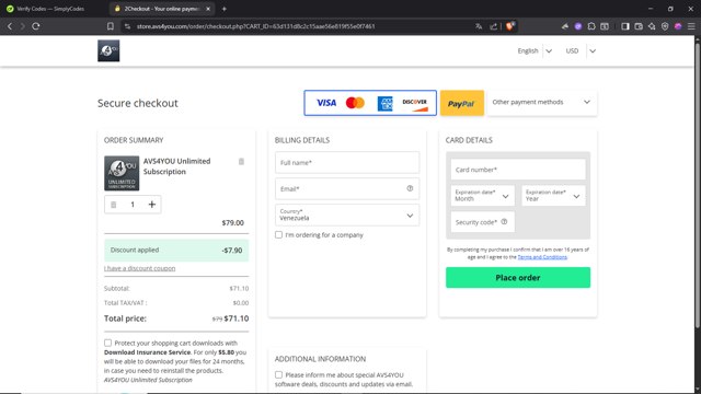 AVS4You checkout page showing AVS4You discount code box | Screenshot taken by SimplyCodes community member on Jul 28, 2025