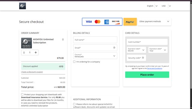 AVS4You checkout page showing AVS4You discount code box | Screenshot taken by SimplyCodes community member on Jul 28, 2025