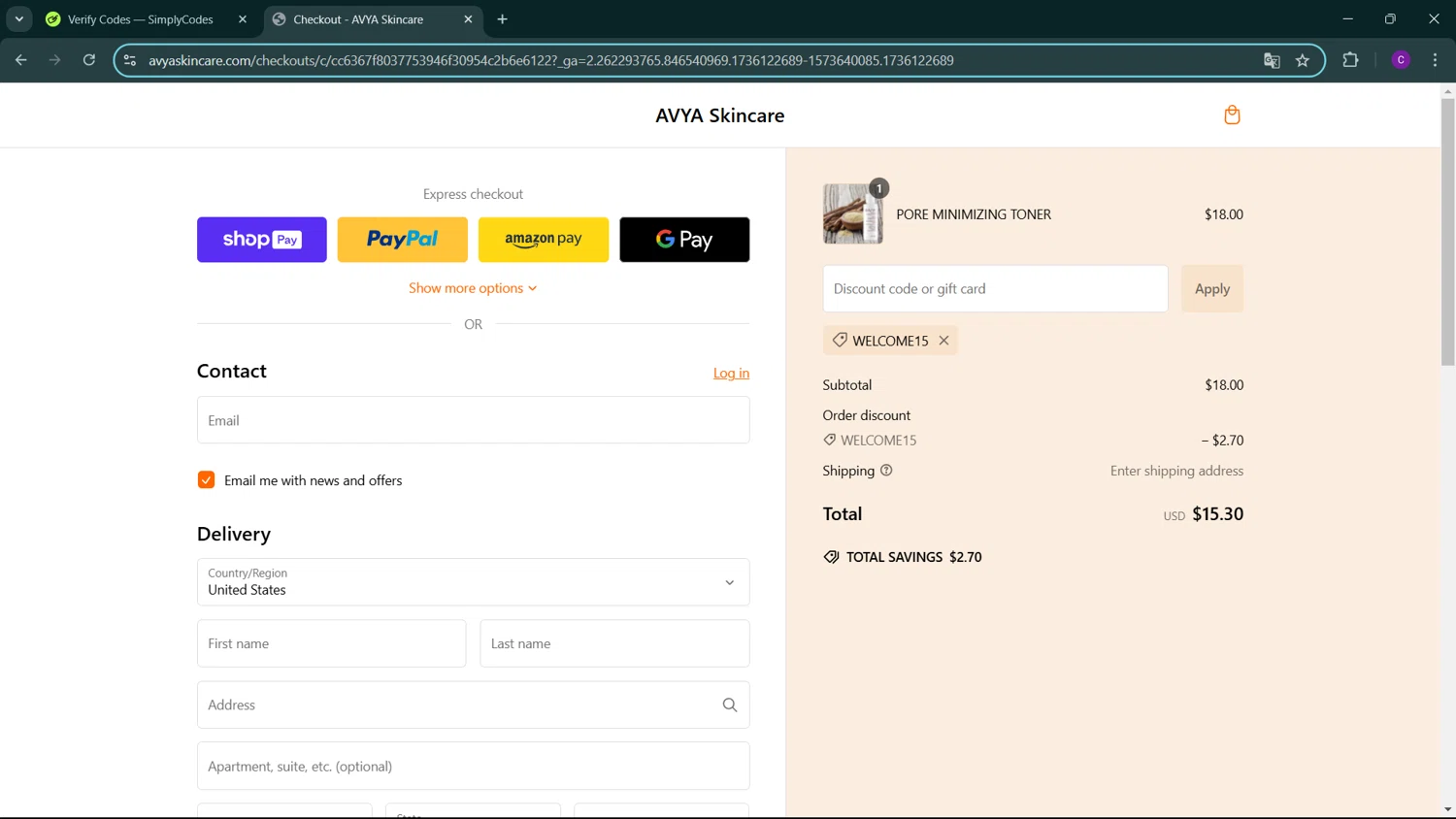 AVYA Skincare promo code screenshot showing code WELCOME15 applied at AVYA Skincare checkout page. Uploaded by SimplyCodes community member GoldSeeker3096 on Jan 6, 2025