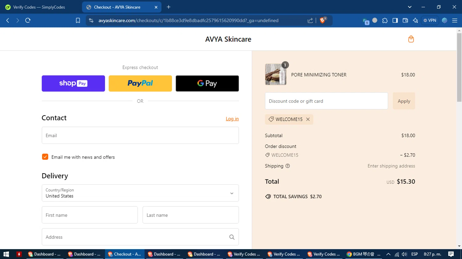 AVYA Skincare promo code screenshot showing code WELCOME15 applied at AVYA Skincare checkout page. Uploaded by SimplyCodes community member MagnificentVoyager2830 on Jan 6, 2025