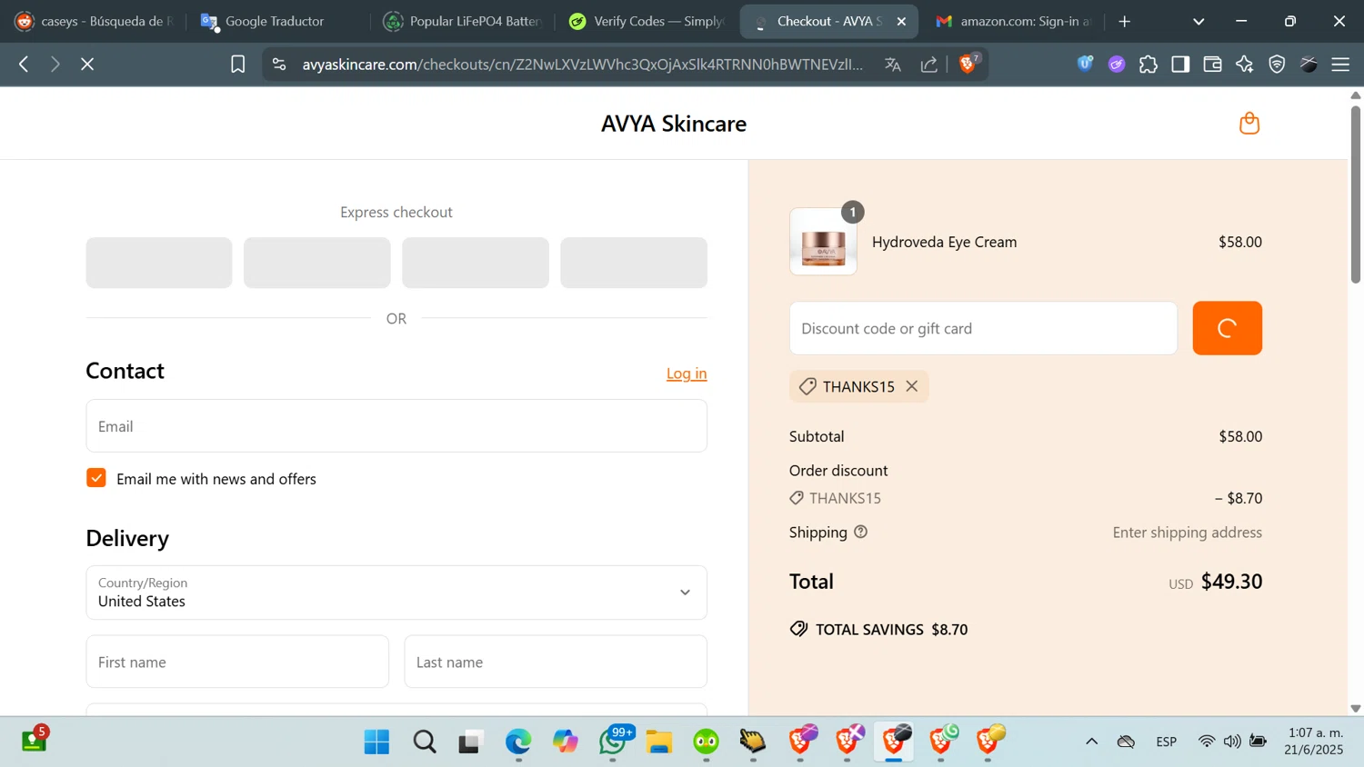 AVYA Skincare promo code screenshot showing code THANKS15 applied at AVYA Skincare checkout page. Uploaded by SimplyCodes community member QuestFinder8736 on Jun 21, 2025