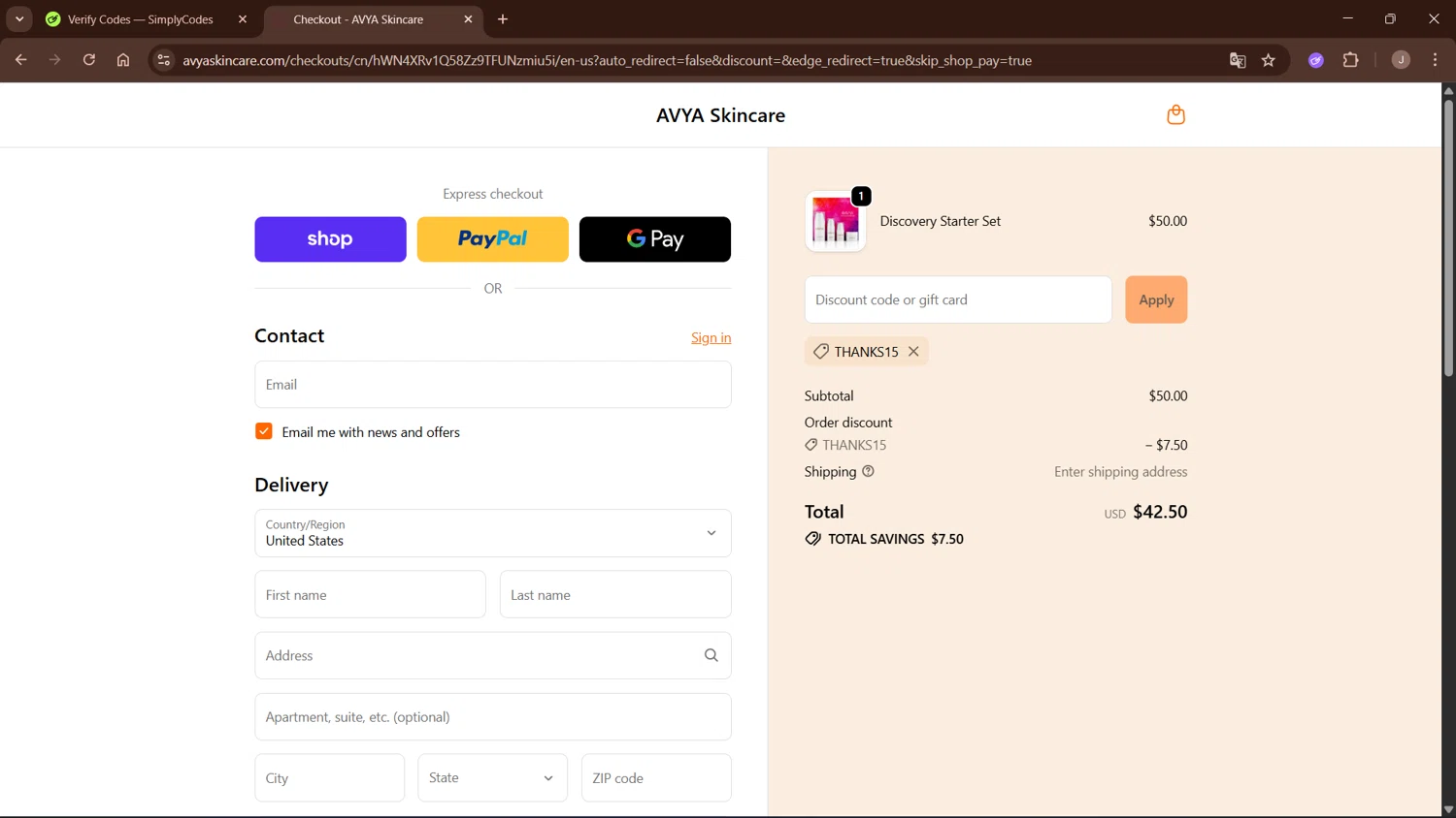 AVYA Skincare promo code screenshot showing code THANKS15 applied at AVYA Skincare checkout page. Uploaded by SimplyCodes community member WisePro3955 on Oct 25, 2025