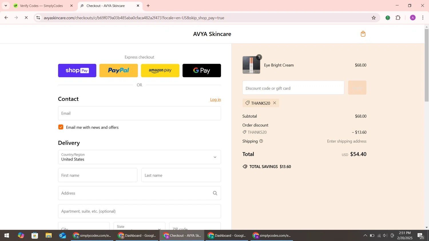 AVYA Skincare promo code screenshot showing code THANKS20 applied at AVYA Skincare checkout page. Uploaded by SimplyCodes community member ShrewdMaverick9198 on Feb 20, 2025