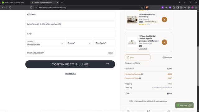 Awara Sleep checkout page showing Awara Sleep promo code box | Screenshot taken by SimplyCodes community member on May 22, 2025