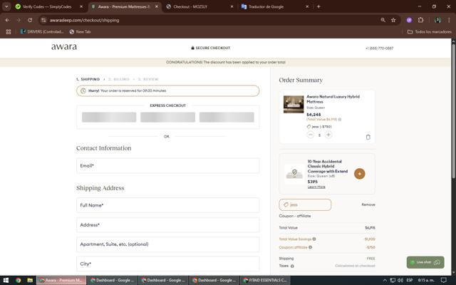 Awara Sleep checkout page showing Awara Sleep promo code box | Screenshot taken by SimplyCodes community member on Jun 20, 2025