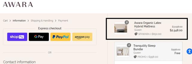 Awara Sleep checkout page showing Awara Sleep promo code box | Screenshot taken by SimplyCodes community member on Mar 21, 2021