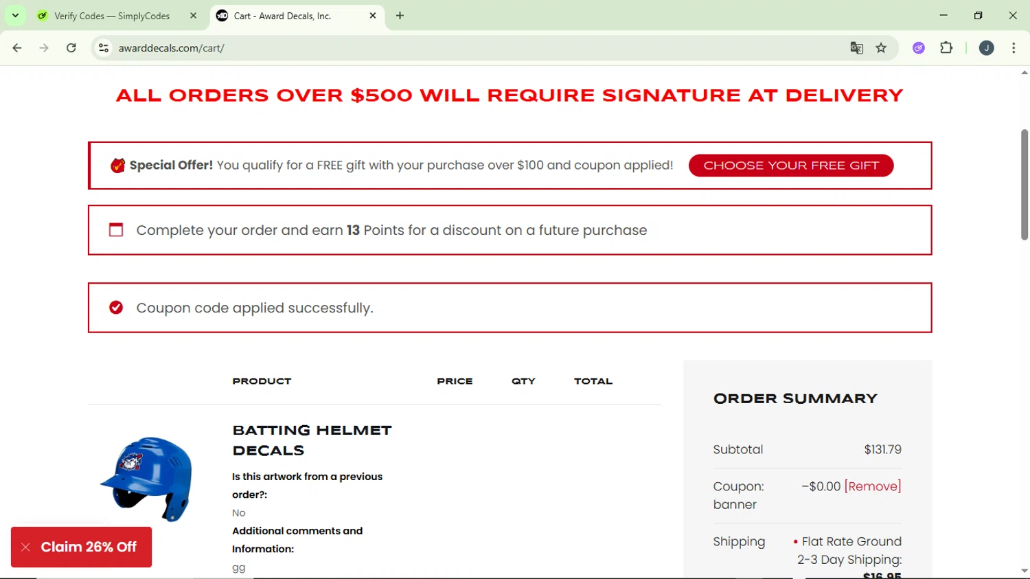 Award Decals coupon code screenshot showing code BANNER applied at Award Decals checkout page. Uploaded by SimplyCodes community member GloriousCollector9930 on Jan 29, 2026