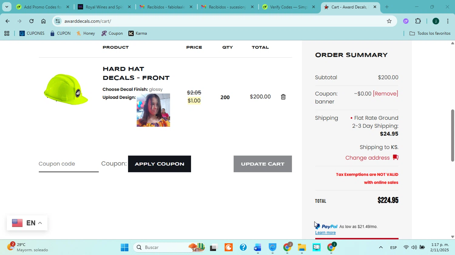 Award Decals coupon code screenshot showing code BANNER applied at Award Decals checkout page. Uploaded by SimplyCodes community member jorgejavierherrera on Nov 2, 2025