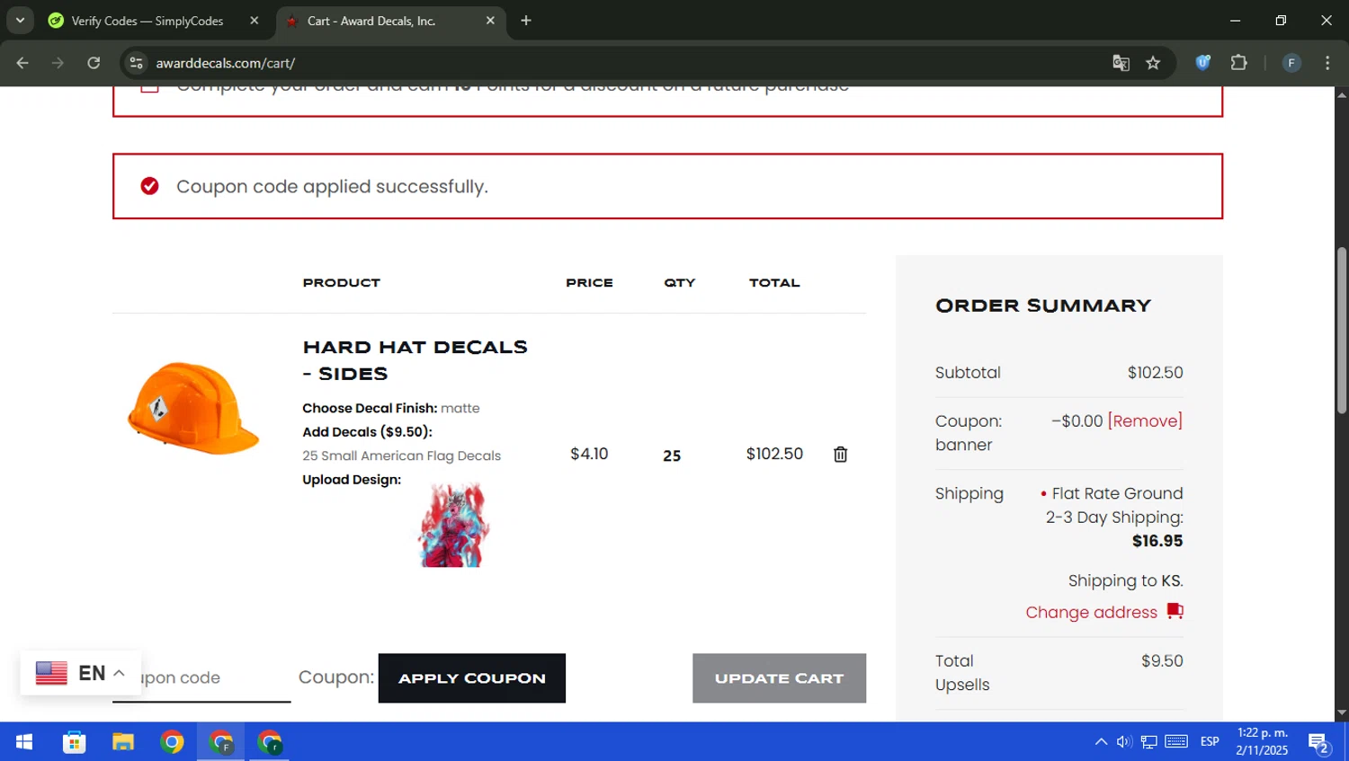Award Decals coupon code screenshot showing code BANNER applied at Award Decals checkout page. Uploaded by SimplyCodes community member pajarito on Nov 2, 2025