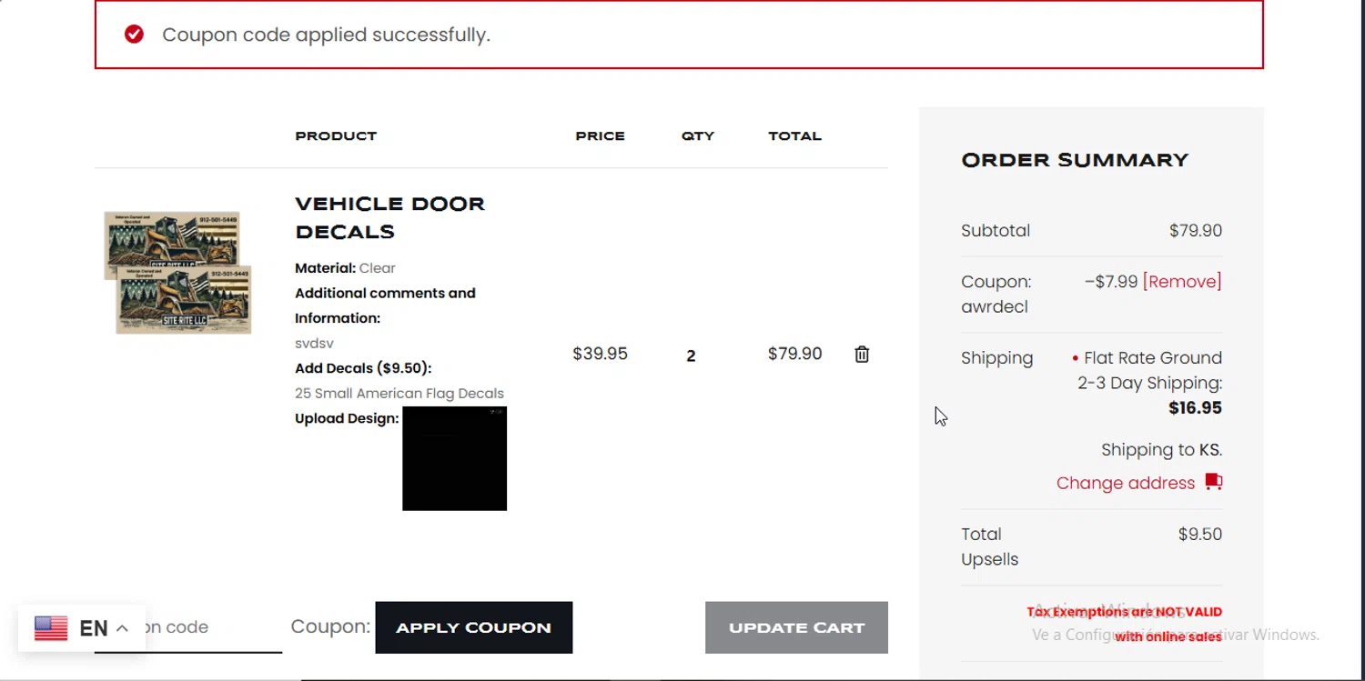 Award Decals coupon code screenshot showing code AWRDECL applied at Award Decals checkout page. Uploaded by SimplyCodes community member CodeEagle1166 on Nov 30, 2025