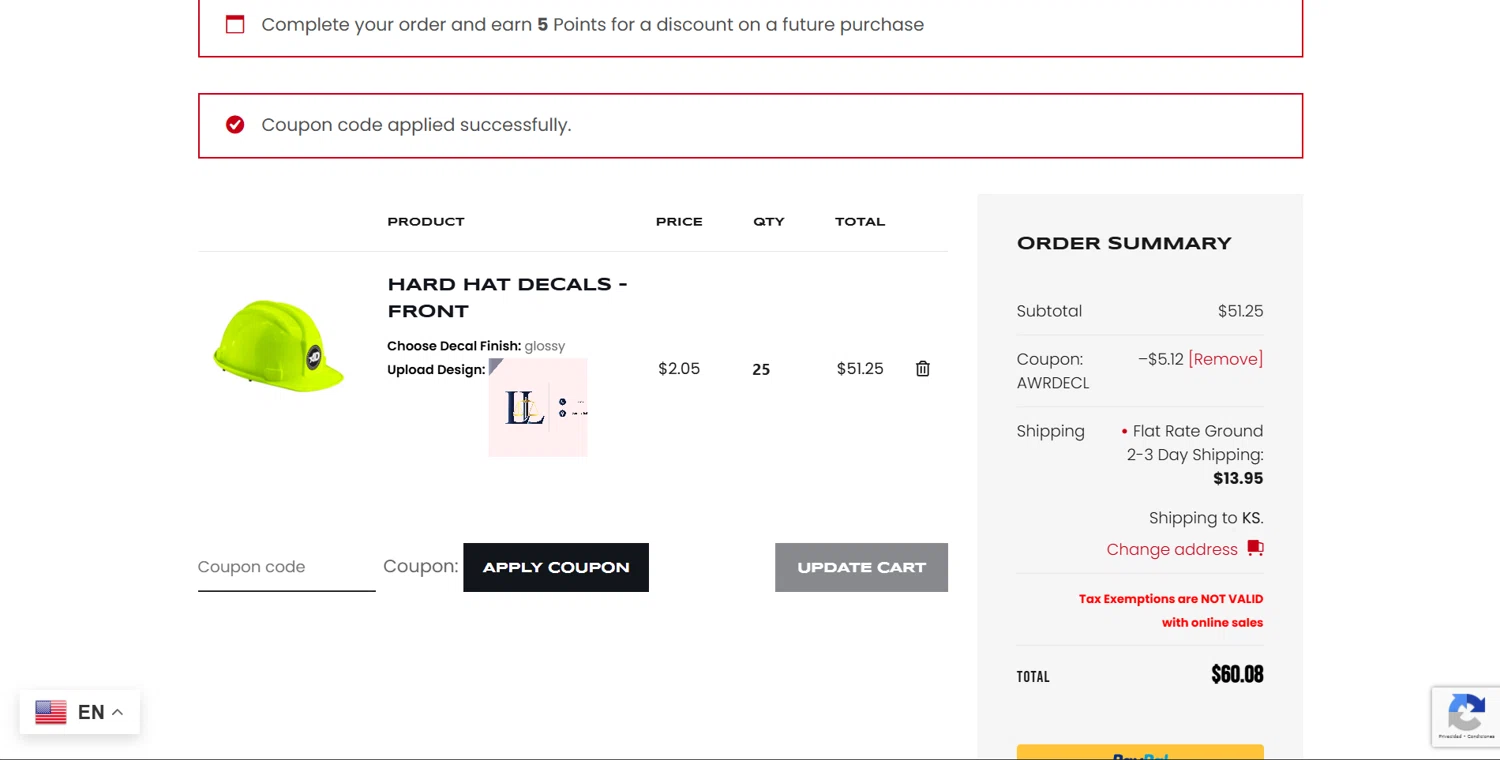 Award Decals coupon code screenshot showing code AWRDECL applied at Award Decals checkout page. Uploaded by SimplyCodes community member Lanzaa on Aug 18, 2025