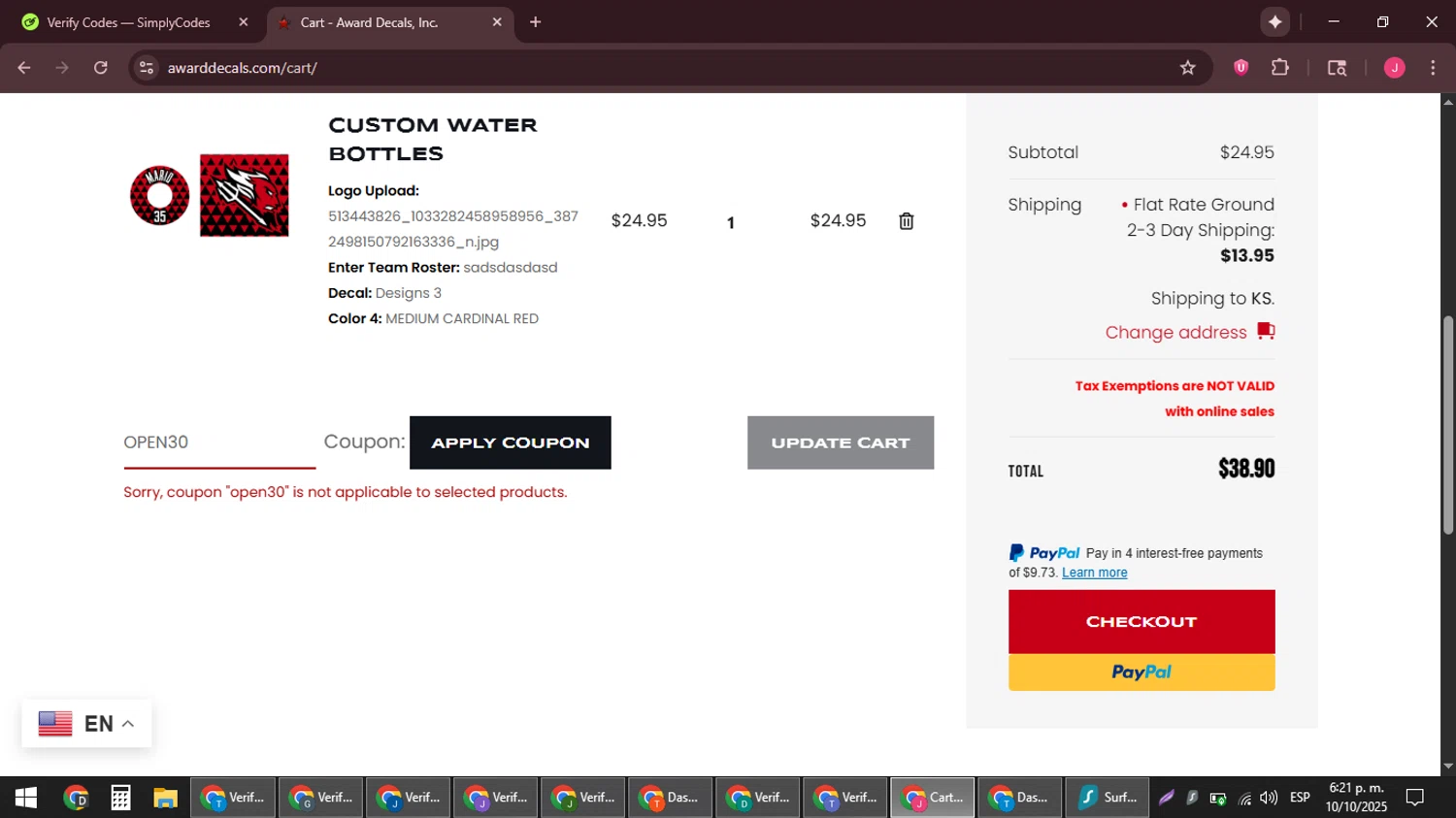 Award Decals coupon code screenshot showing code OPEN30 applied at Award Decals checkout page. Uploaded by SimplyCodes community member JackWilson63 on Oct 10, 2025