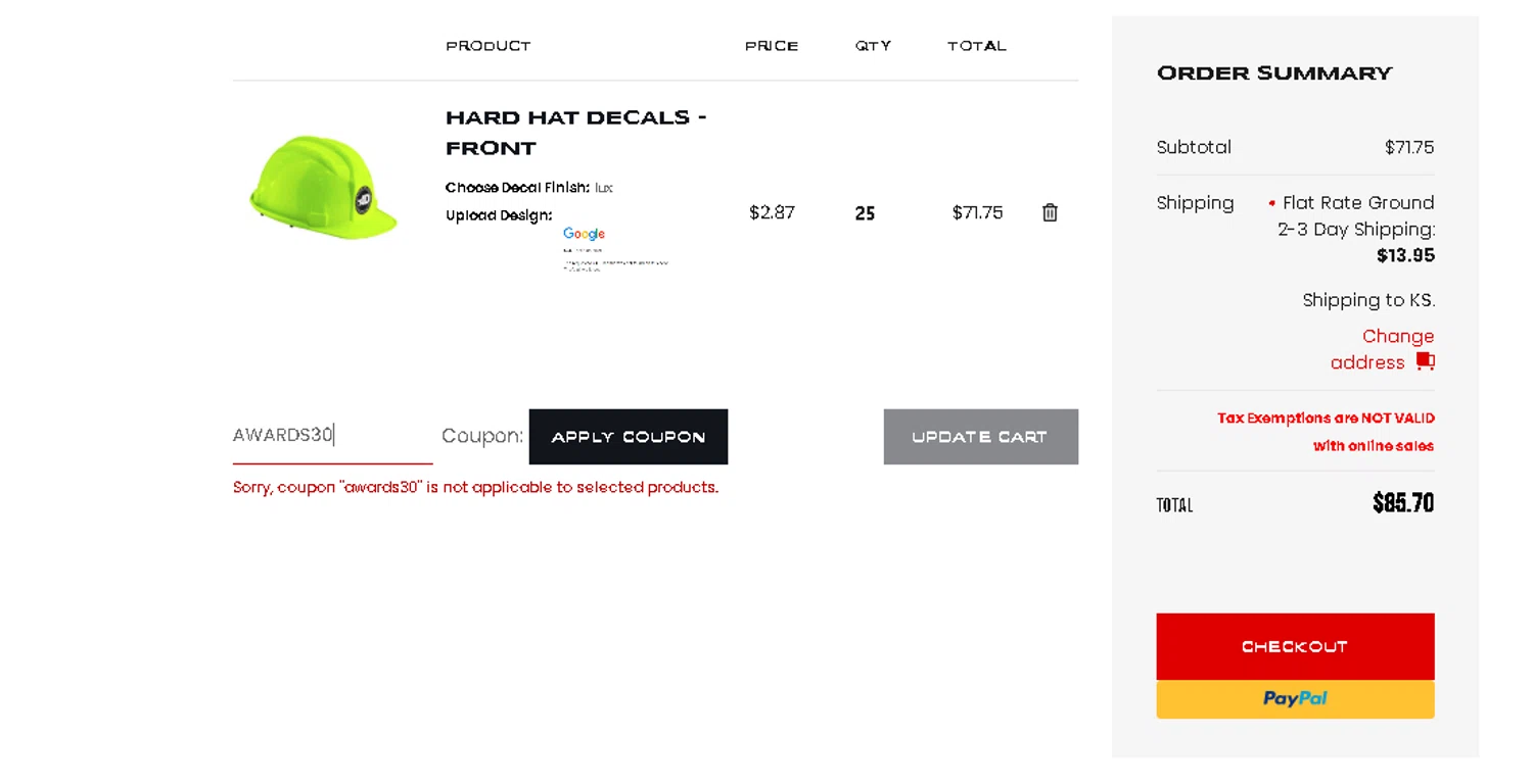 Award Decals coupon code screenshot showing code AWARDS30 applied at Award Decals checkout page. Uploaded by SimplyCodes community member tuvalu10 on Nov 4, 2025
