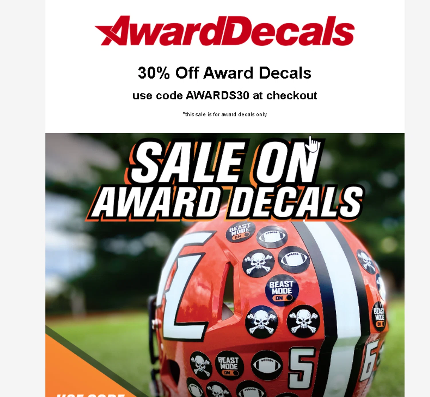 Award Decals coupon code screenshot showing code AWARDS30 applied at Award Decals checkout page. Uploaded by SimplyCodes community member Logoteam on Nov 4, 2025