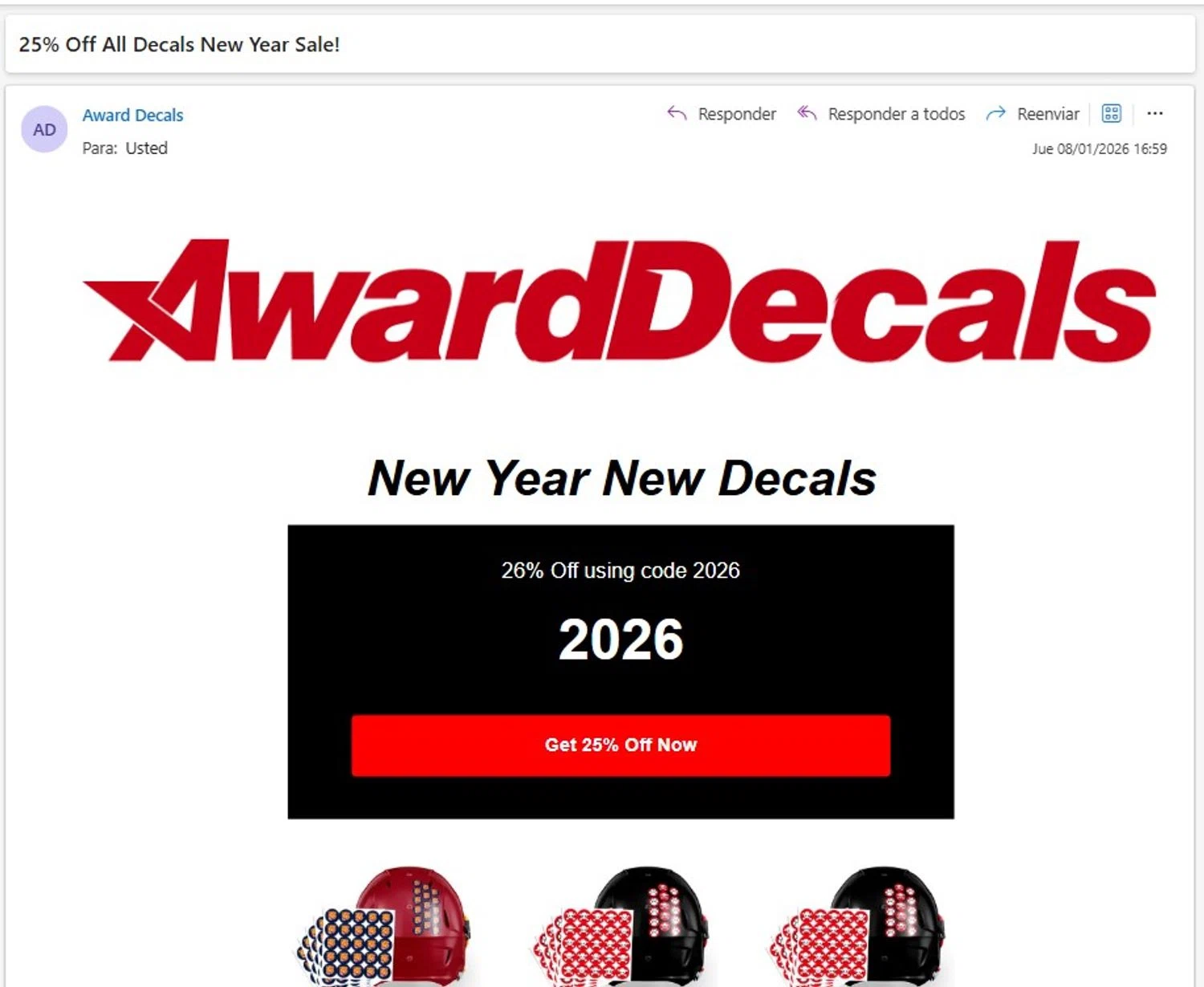 Award Decals coupon code screenshot showing code 2026 applied at Award Decals checkout page. Uploaded by SimplyCodes community member angelfigueroa2008 on Jan 8, 2026