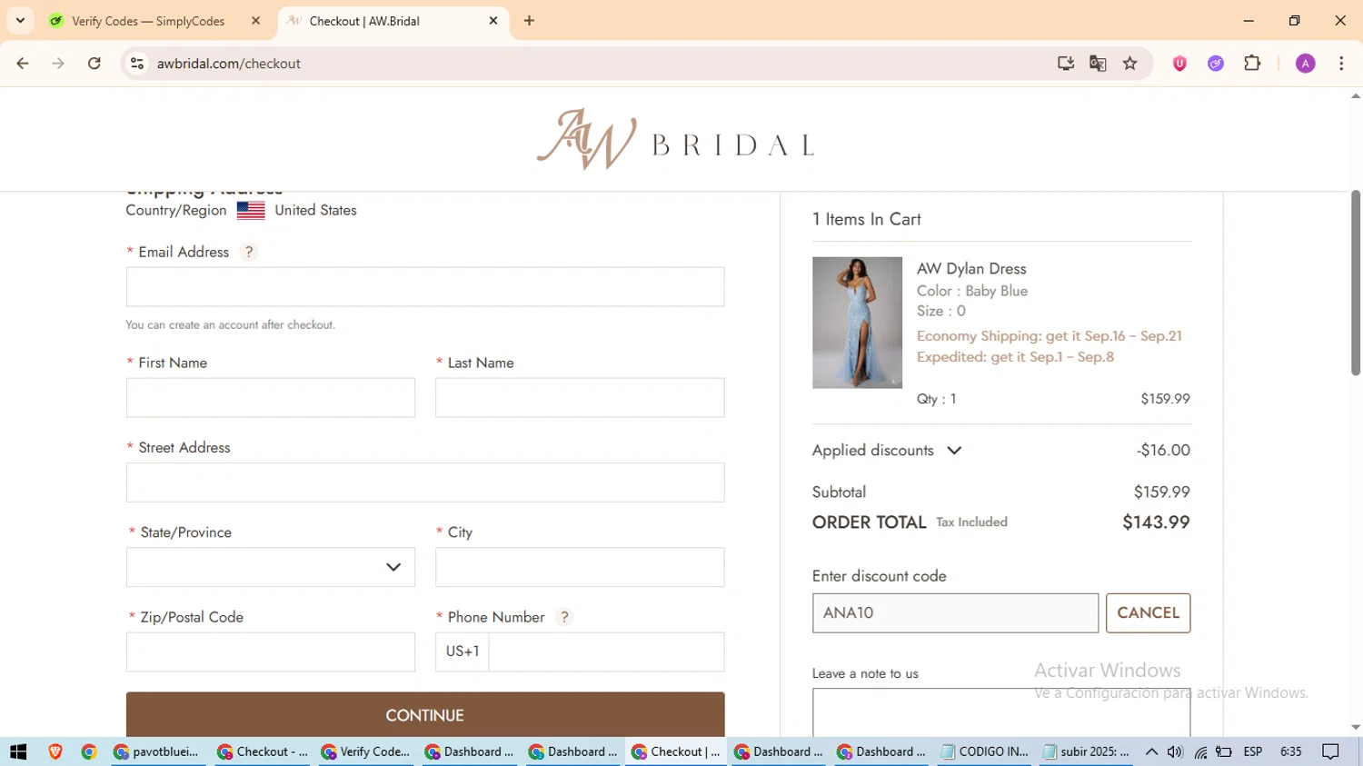 AW Bridal discount code screenshot showing code ANA10 applied at AW Bridal checkout page. Uploaded by SimplyCodes community member ScanExpert2824 on Aug 17, 2025