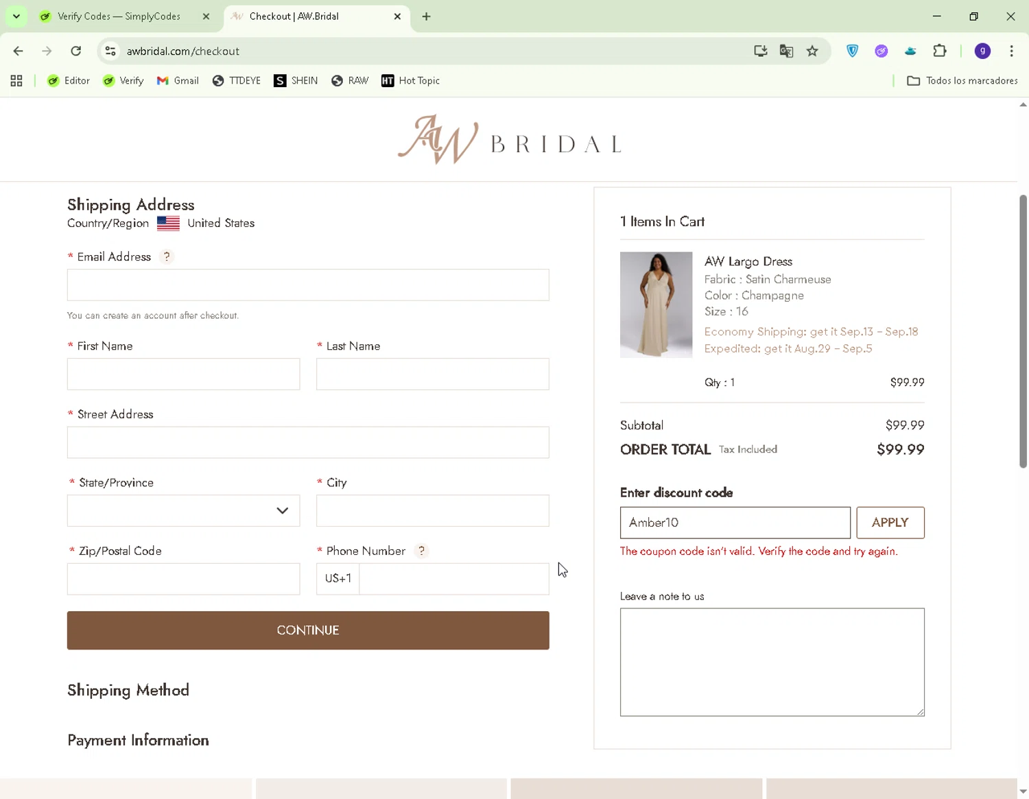 AW Bridal discount code screenshot showing code Amber10 applied at AW Bridal checkout page. Uploaded by SimplyCodes community member CapitanCentella on Aug 17, 2025