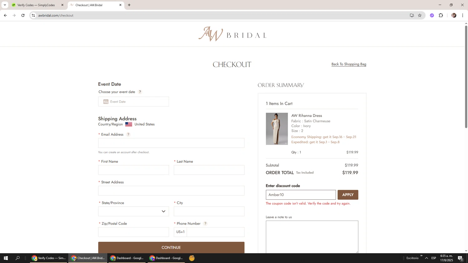 AW Bridal discount code screenshot showing code Amber10 applied at AW Bridal checkout page. Uploaded by SimplyCodes community member Levi_Ackerman on Aug 17, 2025