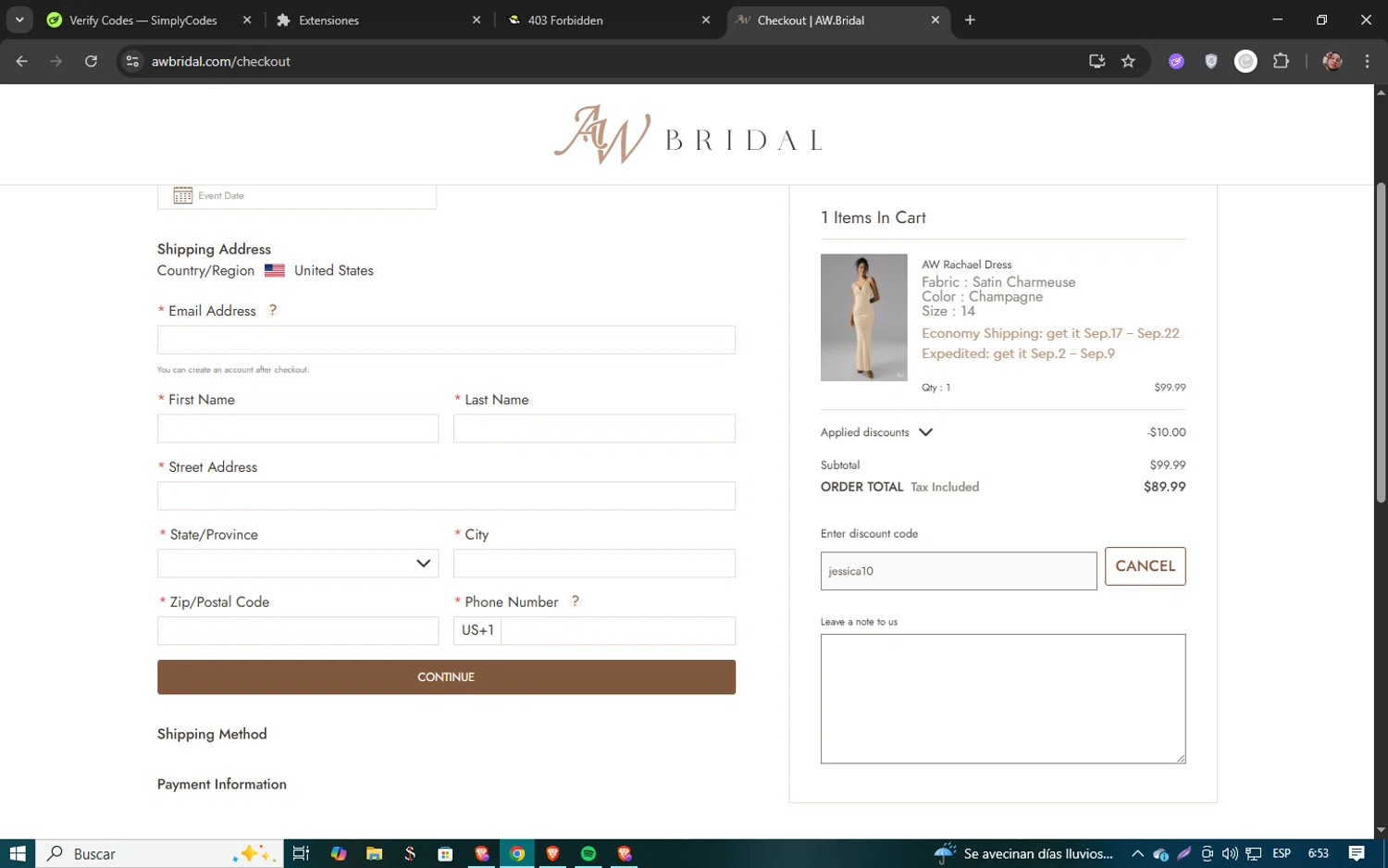 AW Bridal discount code screenshot showing code jessica10 applied at AW Bridal checkout page. Uploaded by SimplyCodes community member 61451681 on Aug 18, 2025