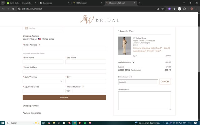 AW Bridal checkout page showing AW Bridal discount code box | Screenshot taken by SimplyCodes community member on Aug 18, 2025