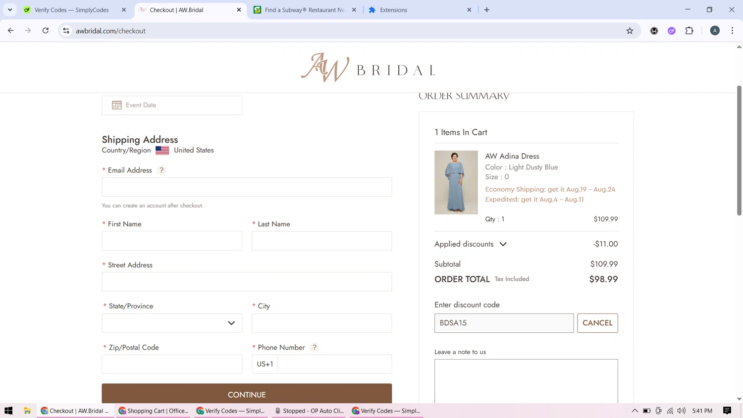 AW Bridal discount code screenshot showing code BDSA15 applied at AW Bridal checkout page. Uploaded by SimplyCodes community member BonusMonarch7015 on Jul 23, 2025
