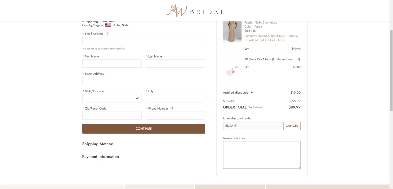AW Bridal discount code screenshot showing code BDSA15 applied at AW Bridal checkout page. Uploaded by SimplyCodes community member EpicEagle816 on Jul 9, 2025