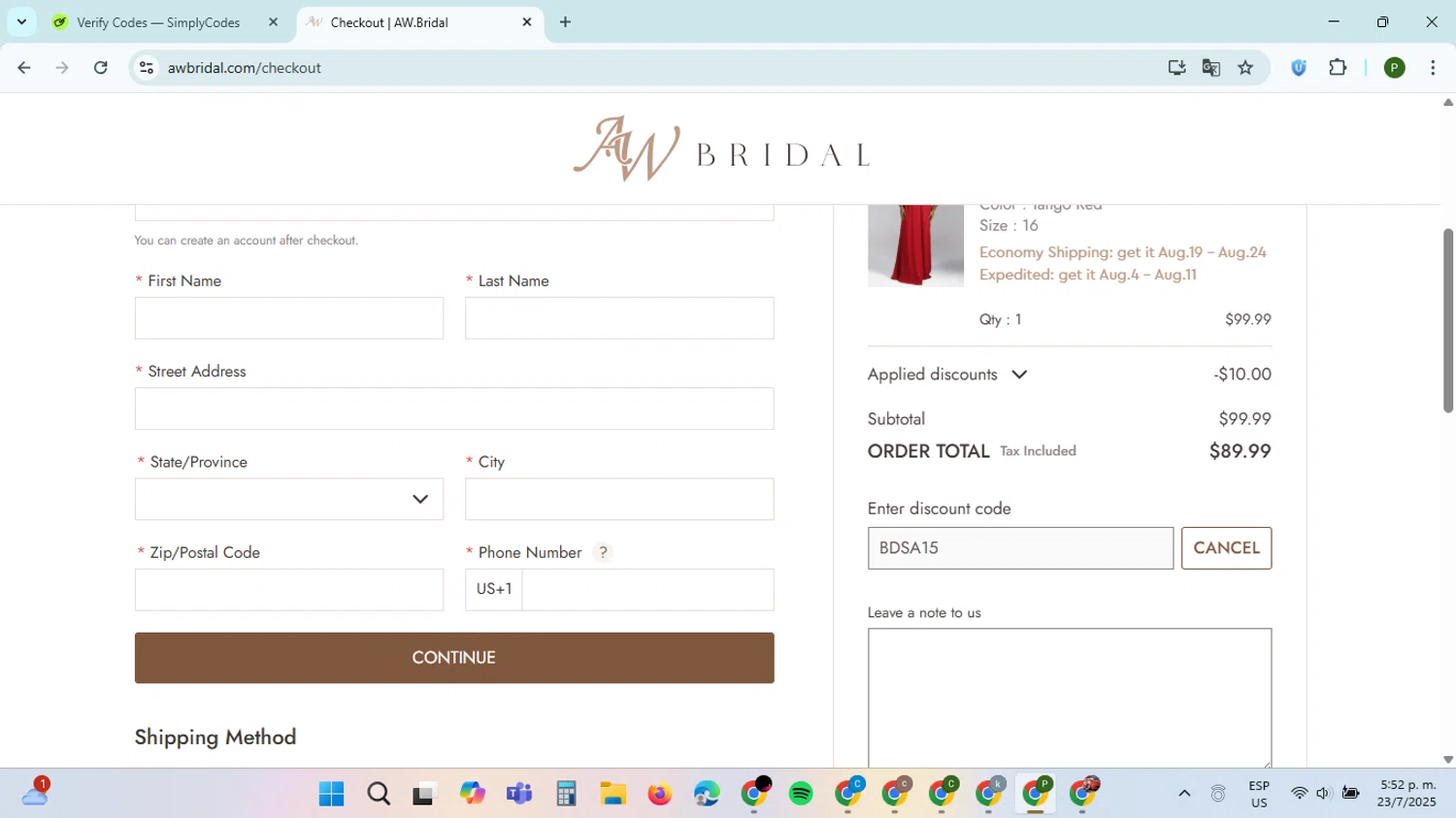 AW Bridal discount code screenshot showing code BDSA15 applied at AW Bridal checkout page. Uploaded by SimplyCodes community member ThriftySpotter5396 on Jul 23, 2025