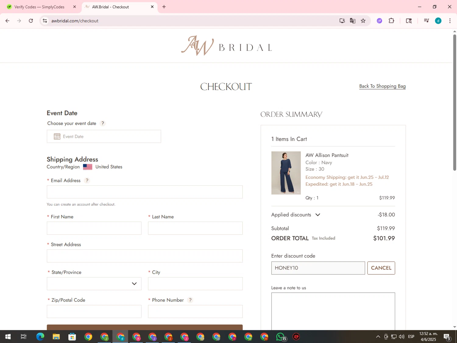 AW Bridal discount code screenshot showing code HONEY10 applied at AW Bridal checkout page. Uploaded by SimplyCodes community member GloriousTiger3507 on Jun 4, 2025