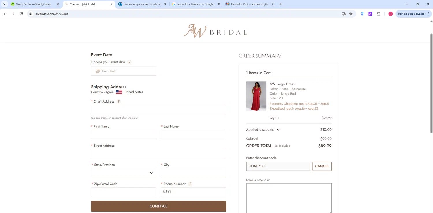 AW Bridal discount code screenshot showing code HONEY10 applied at AW Bridal checkout page. Uploaded by SimplyCodes community member ShieldWarden5142 on Aug 4, 2025
