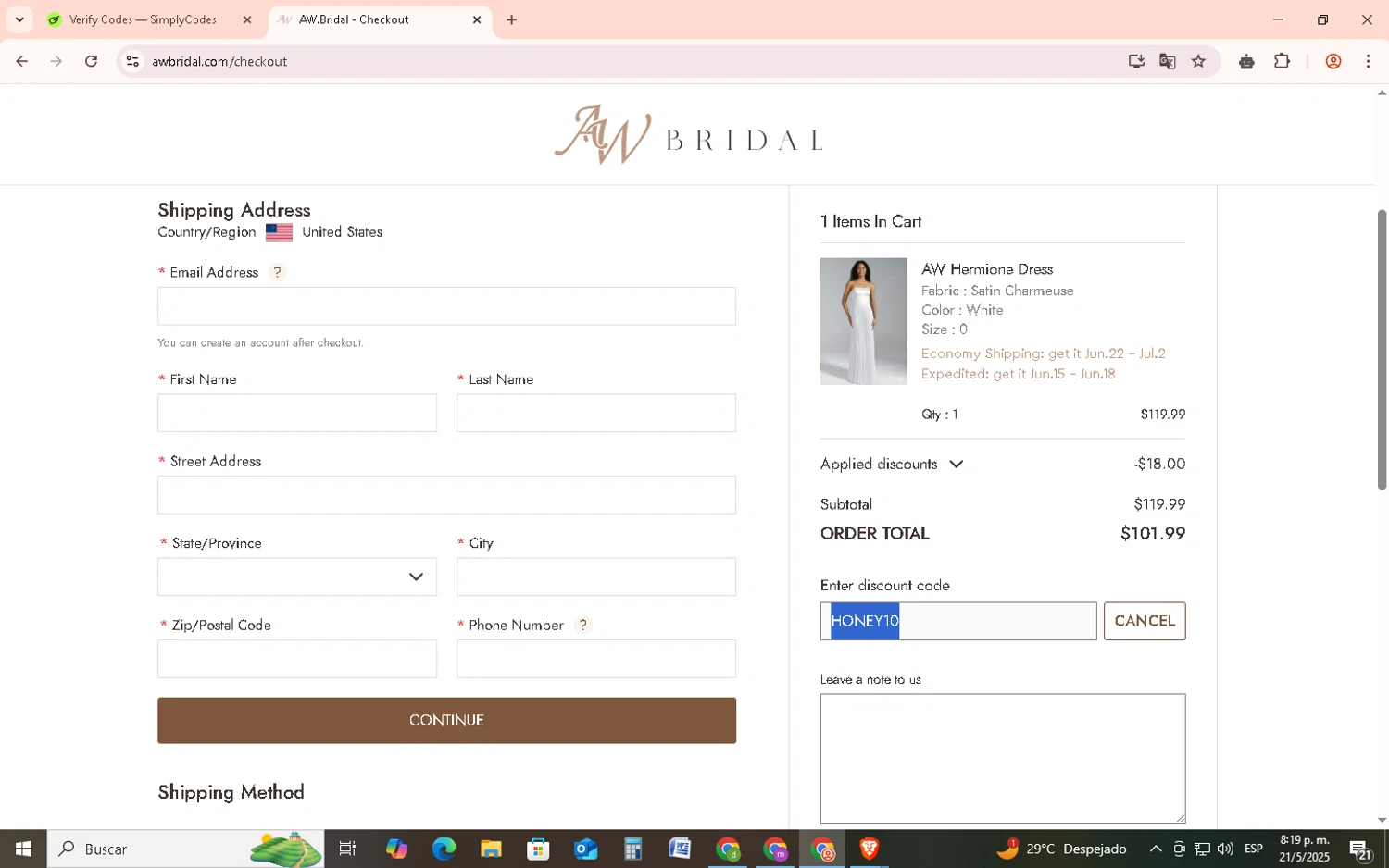 AW Bridal discount code screenshot showing code HONEY10 applied at AW Bridal checkout page. Uploaded by SimplyCodes community member EpicSage3474 on May 22, 2025