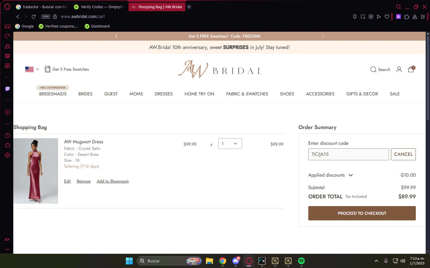 AW Bridal discount code screenshot showing code TICIJA15 applied at AW Bridal checkout page. Uploaded by SimplyCodes community member LuckyVoyager5522 on Jul 1, 2025