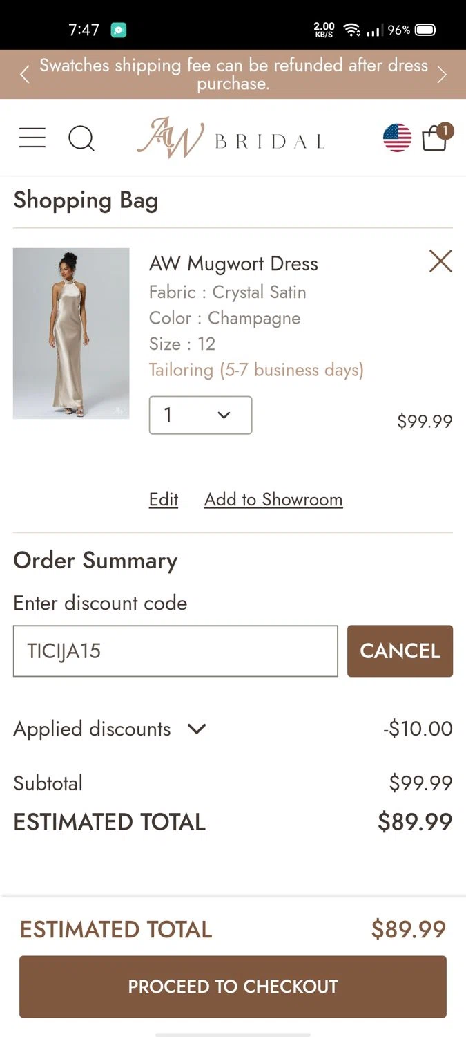AW Bridal discount code screenshot showing code TICIJA15 applied at AW Bridal checkout page. Uploaded by SimplyCodes community member Wonderwoman82 on May 14, 2025