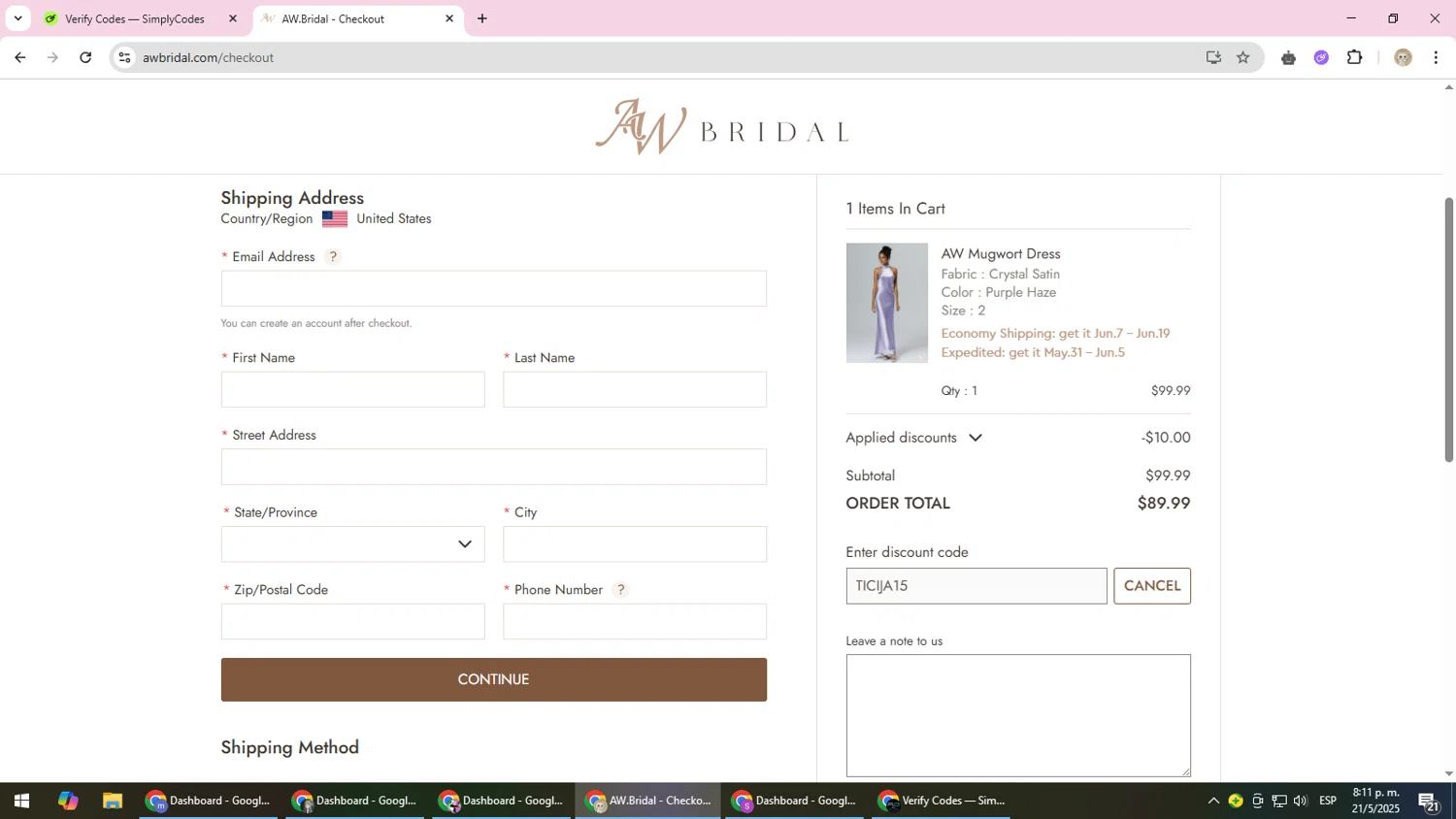 AW Bridal discount code screenshot showing code TICIJA15 applied at AW Bridal checkout page. Uploaded by SimplyCodes community member NobleScholar4826 on May 22, 2025