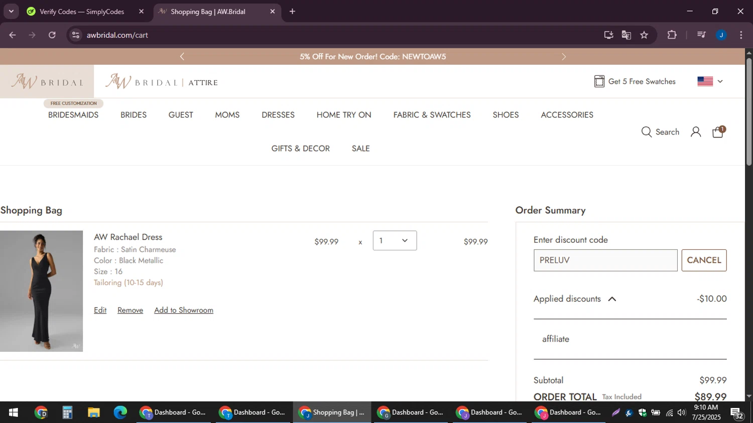 AW Bridal discount code screenshot showing code PRELUV applied at AW Bridal checkout page. Uploaded by SimplyCodes community member noesmith34ur on Jul 25, 2025