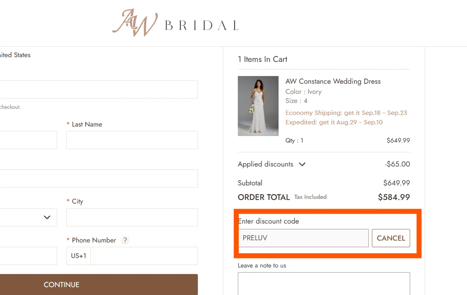 AW Bridal discount code screenshot showing code PRELUV applied at AW Bridal checkout page. Uploaded by SimplyCodes community member CleverSentinel4477 on Jul 25, 2025