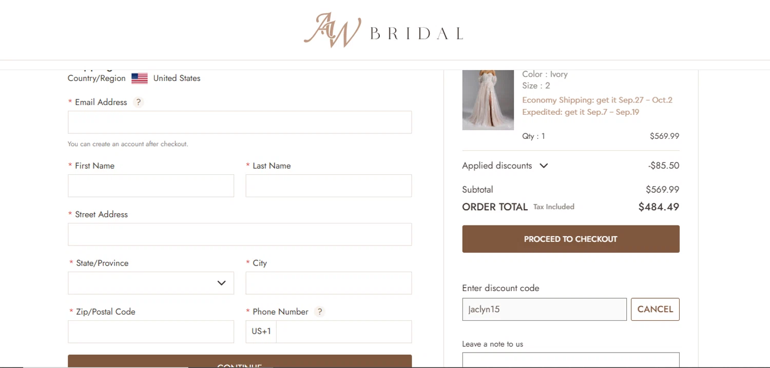 AW Bridal discount code screenshot showing code Jaclyn15 applied at AW Bridal checkout page. Uploaded by SimplyCodes community member juanisaac on Aug 3, 2025