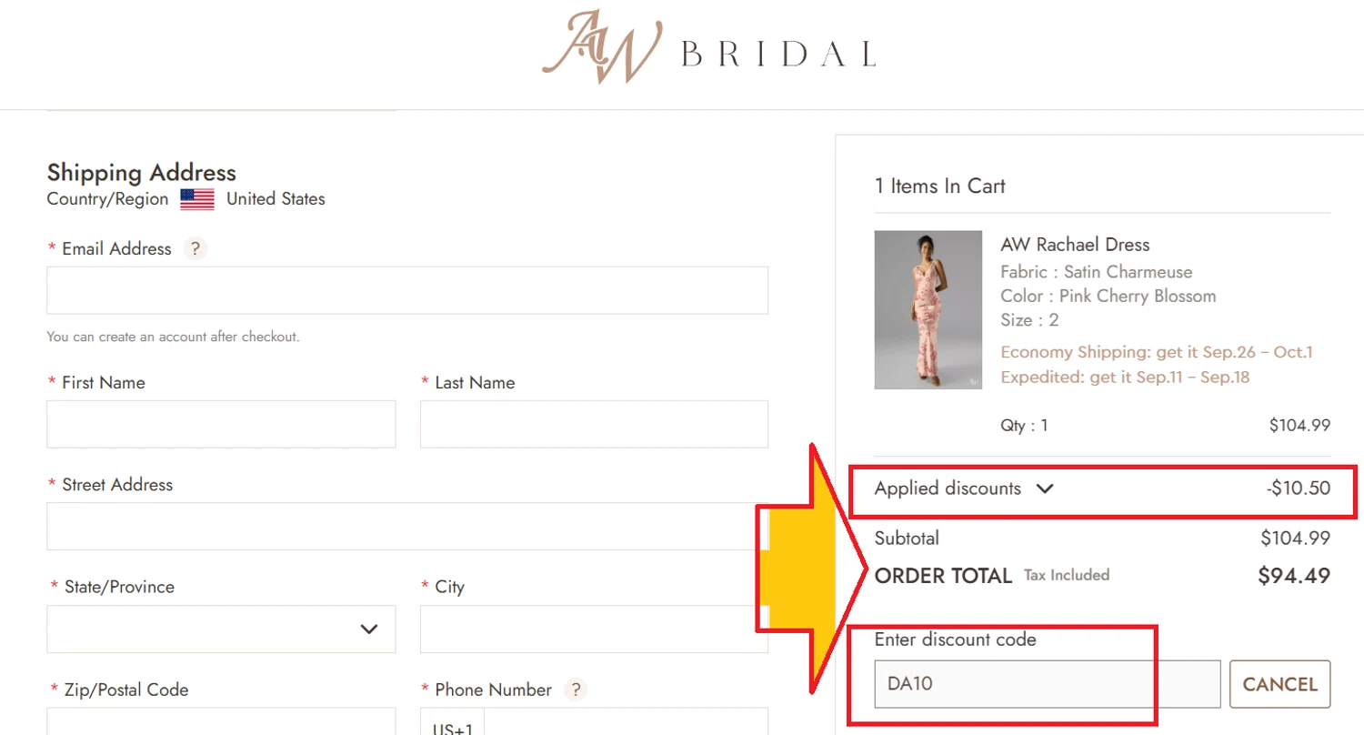 AW Bridal discount code screenshot showing code DA10 applied at AW Bridal checkout page. Uploaded by SimplyCodes community member kattylar on Aug 27, 2025