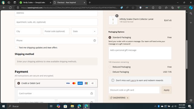 AWE Inspired checkout page showing AWE Inspired coupon code box | Screenshot taken by SimplyCodes community member on Sep 4, 2024